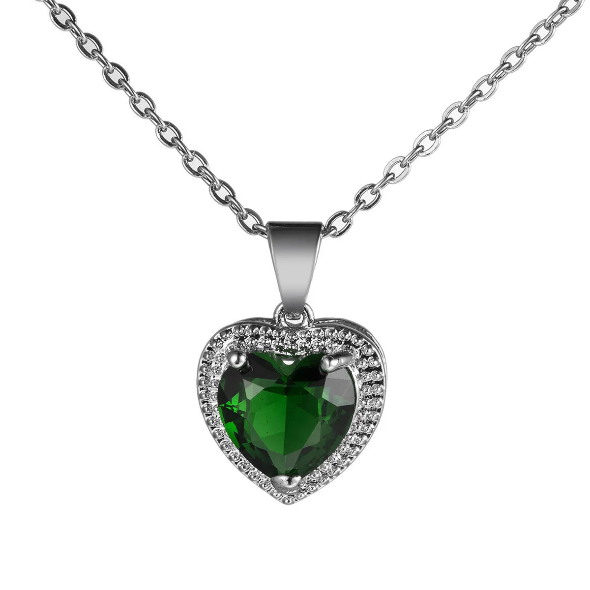 Green Crystal & Silver-Plated Heart Halo Pendant Necklace