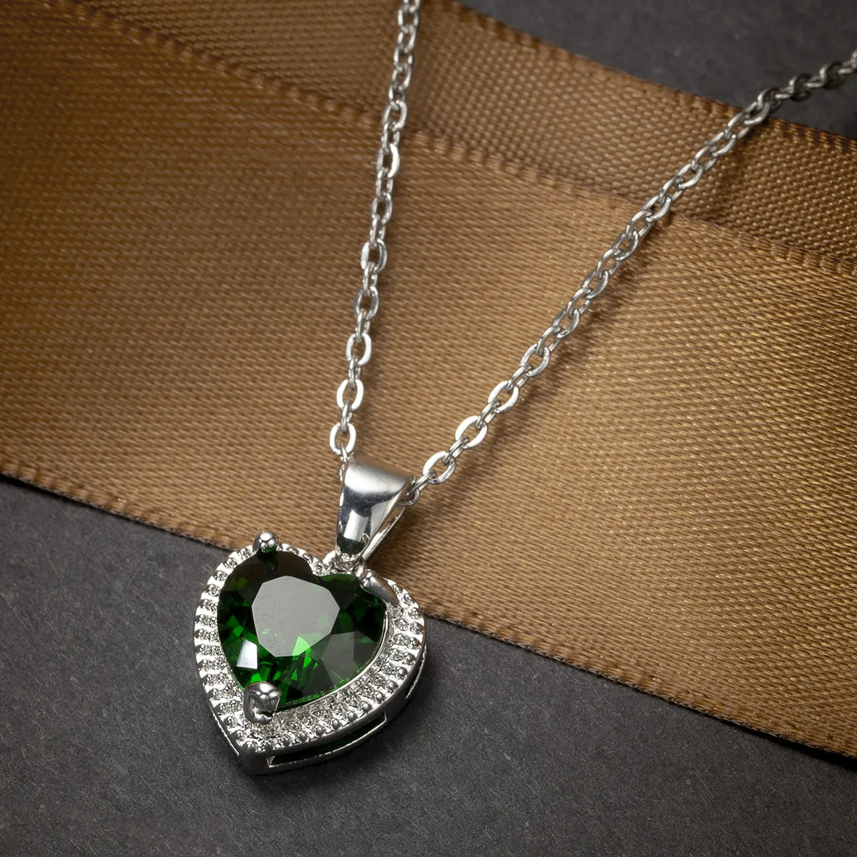 Green Crystal & Silver-Plated Heart Halo Pendant Necklace