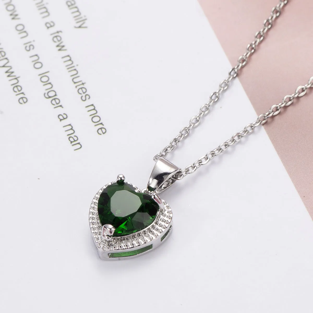 Green Crystal & Silver-Plated Heart Halo Pendant Necklace
