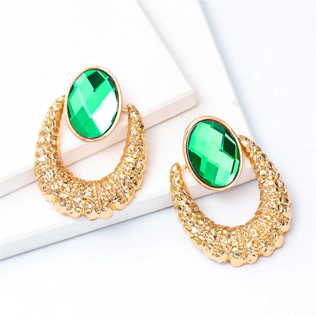Green Oval Crystal & 18K Gold-Plated Catch Drop Earrings