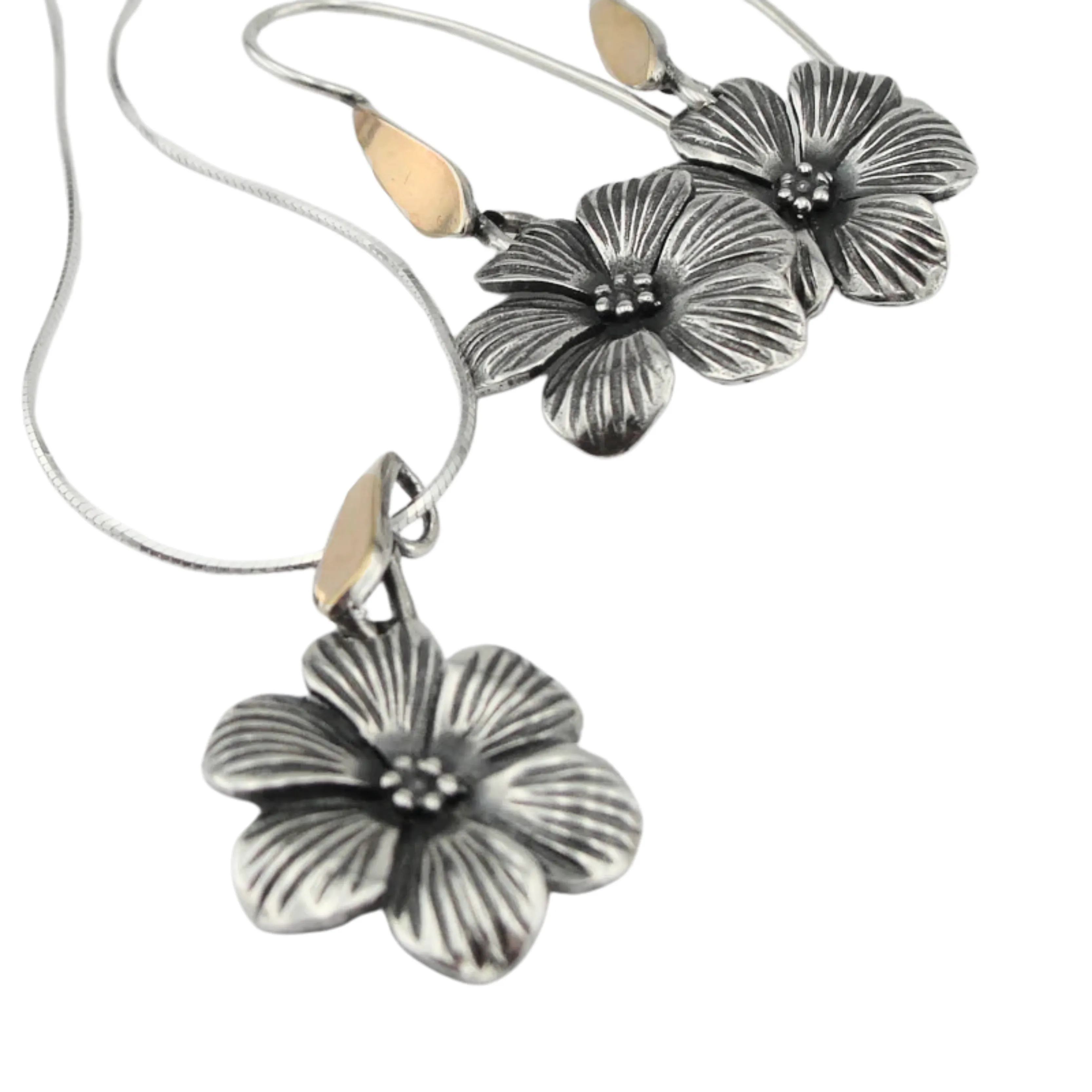 Hadar Designers SET Floral Pendant Earrings Set yellow Gold 925 Silver (MS 1507)py