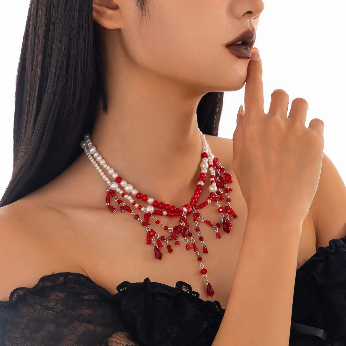 Halloween Layered Crystal Blood Dripping Tassel Pearl Chain Necklace