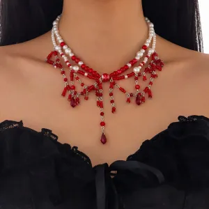Halloween Layered Crystal Blood Dripping Tassel Pearl Chain Necklace