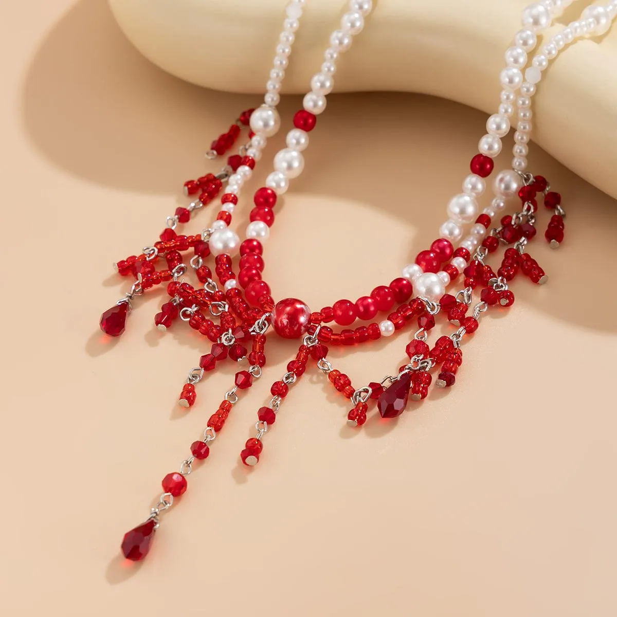 Halloween Layered Crystal Blood Dripping Tassel Pearl Chain Necklace