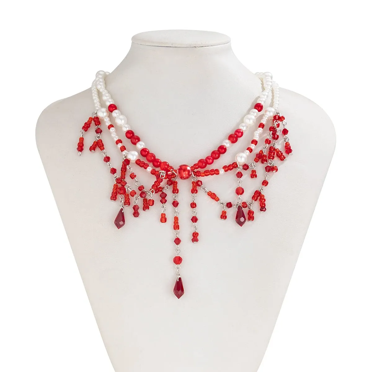 Halloween Layered Crystal Blood Dripping Tassel Pearl Chain Necklace