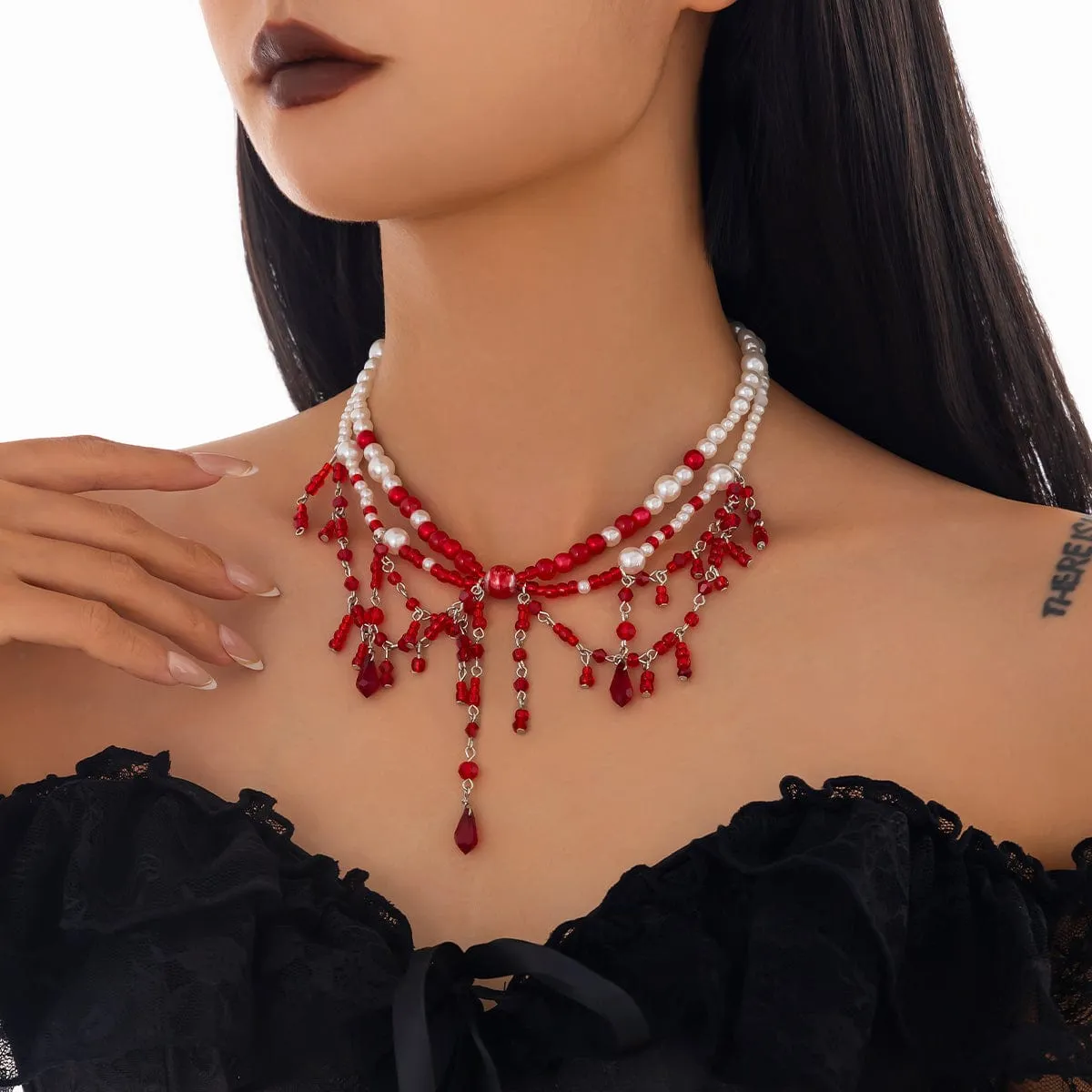 Halloween Layered Crystal Blood Dripping Tassel Pearl Chain Necklace