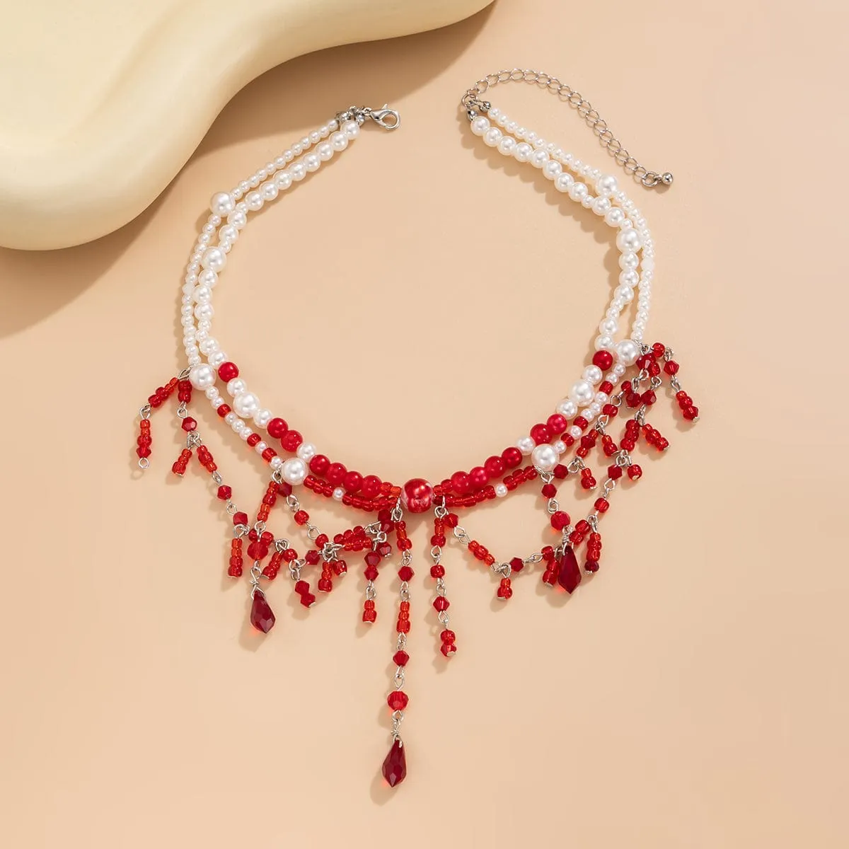 Halloween Layered Crystal Blood Dripping Tassel Pearl Chain Necklace