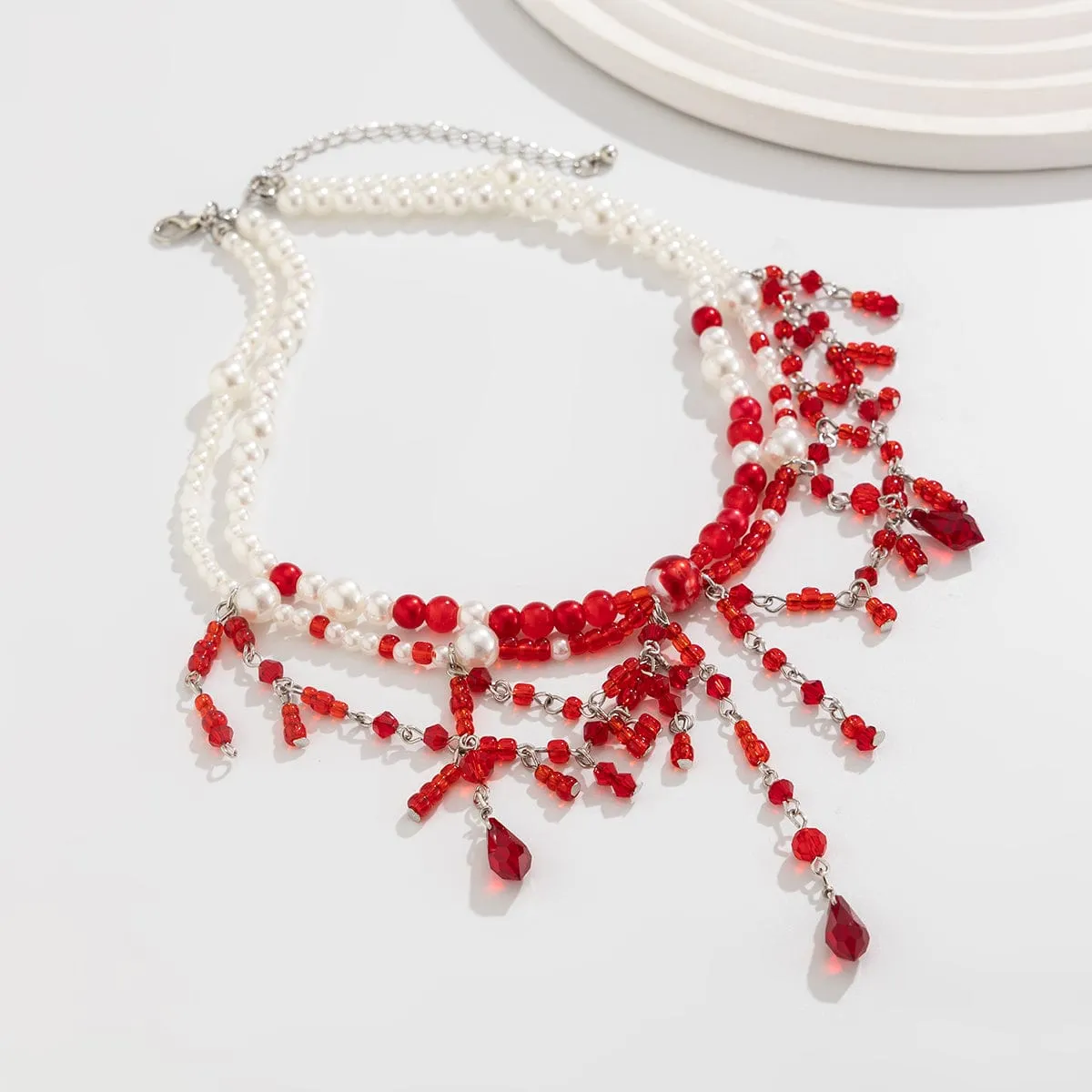 Halloween Layered Crystal Blood Dripping Tassel Pearl Chain Necklace