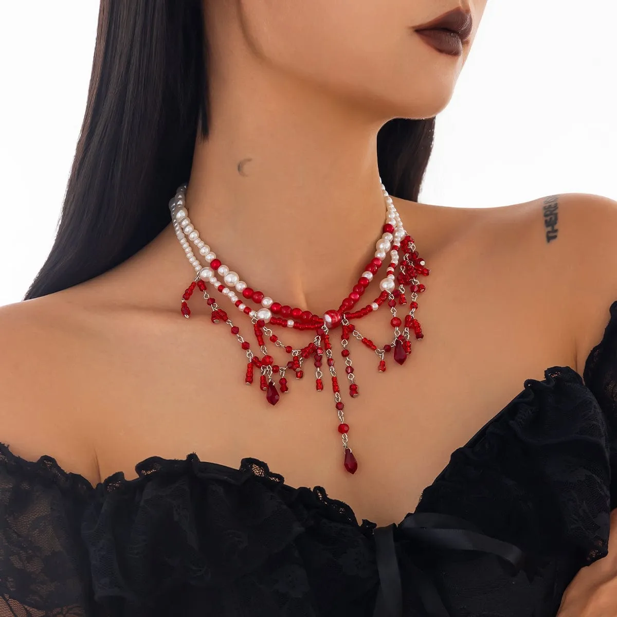 Halloween Layered Crystal Blood Dripping Tassel Pearl Chain Necklace