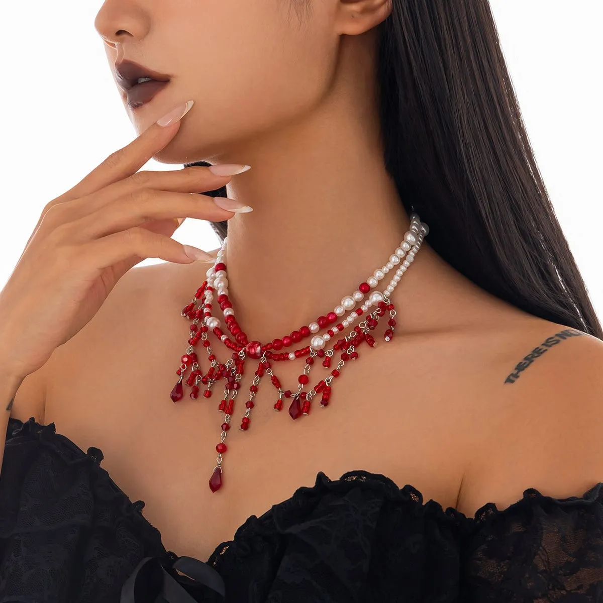 Halloween Layered Crystal Blood Dripping Tassel Pearl Chain Necklace