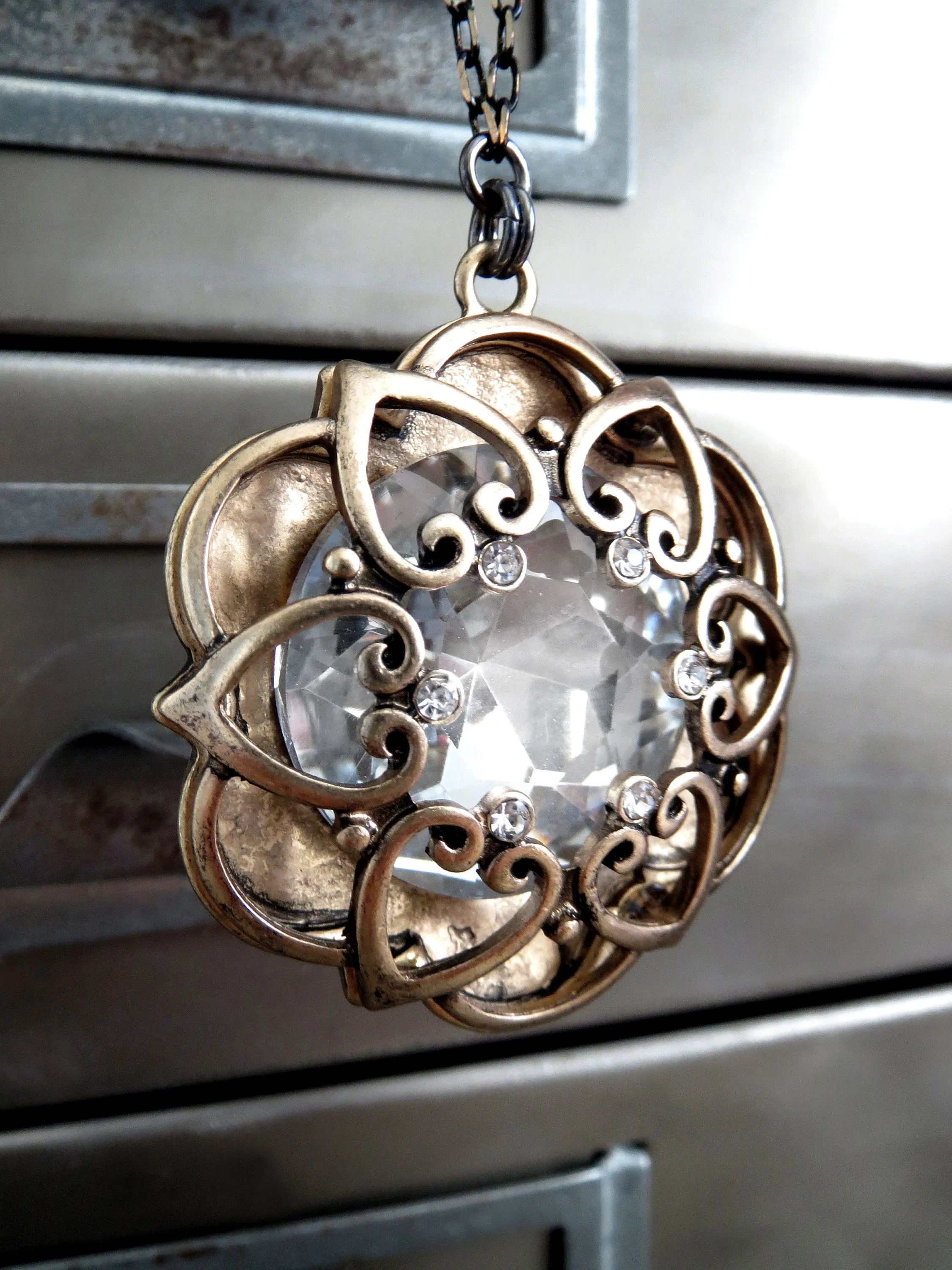 INNER LIGHT - Large Crystal Pendant with Antique Gold Mandala Cage