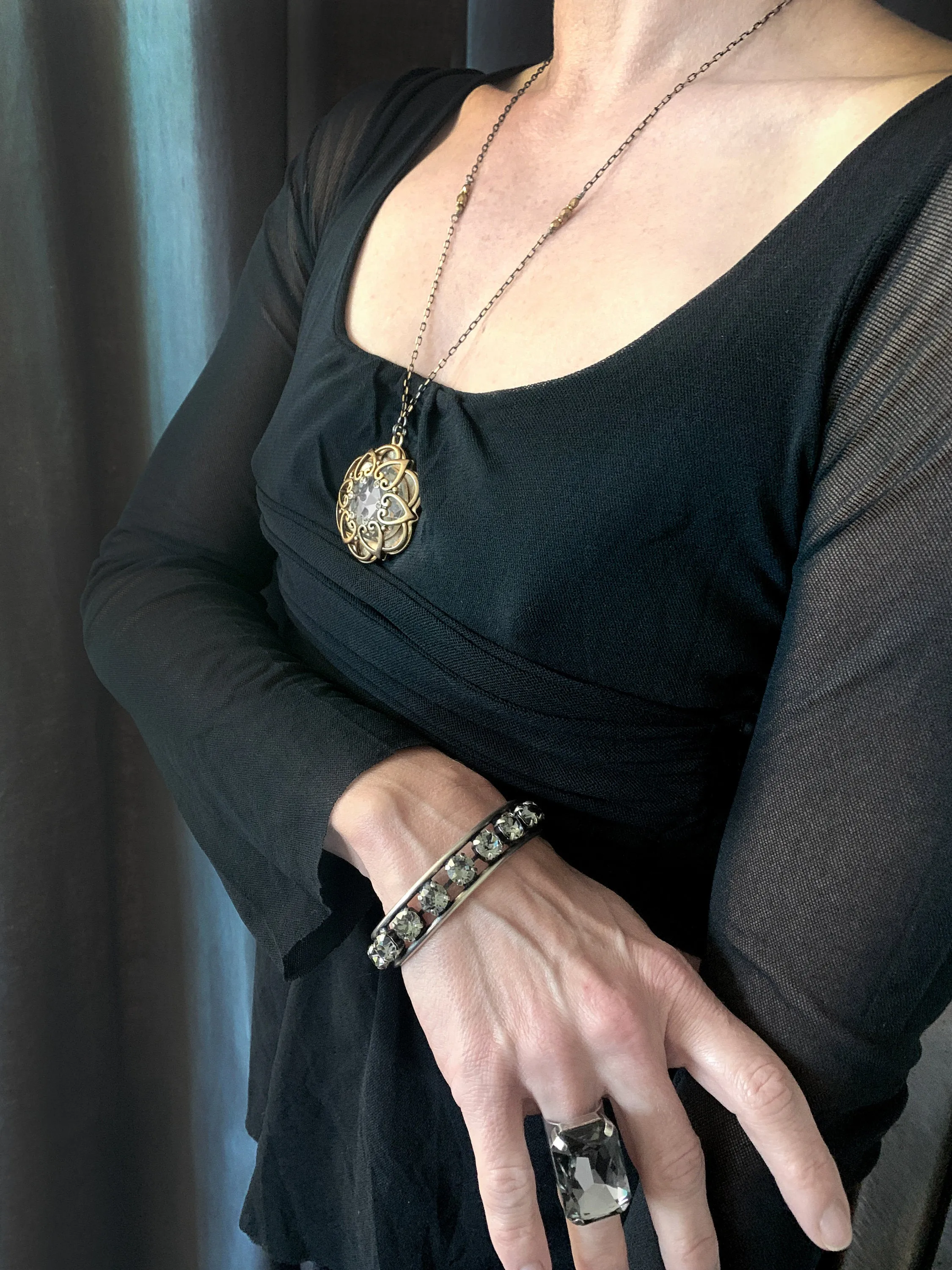 INNER LIGHT - Large Crystal Pendant with Antique Gold Mandala Cage