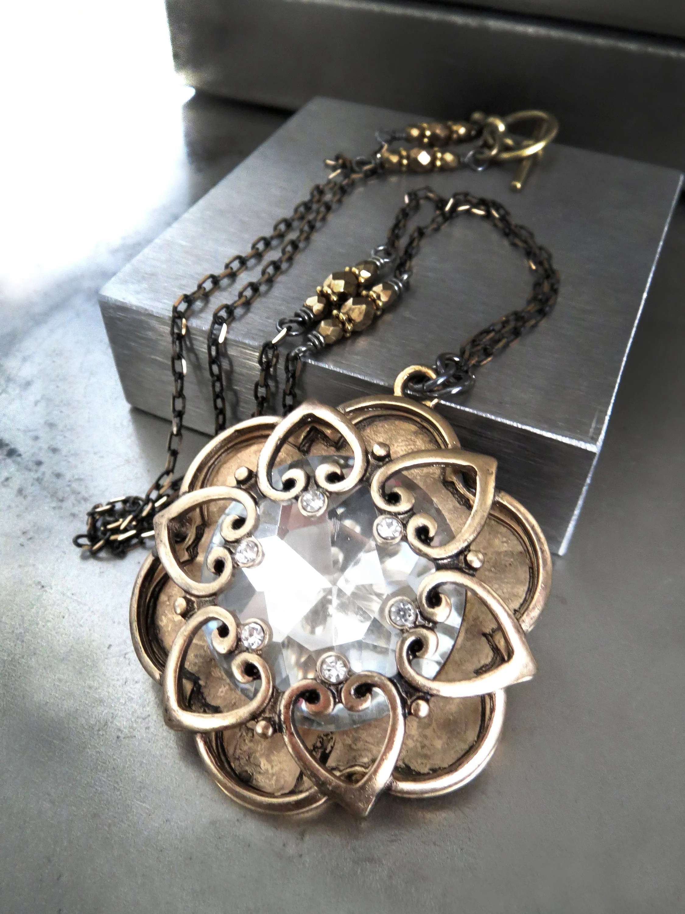 INNER LIGHT - Large Crystal Pendant with Antique Gold Mandala Cage
