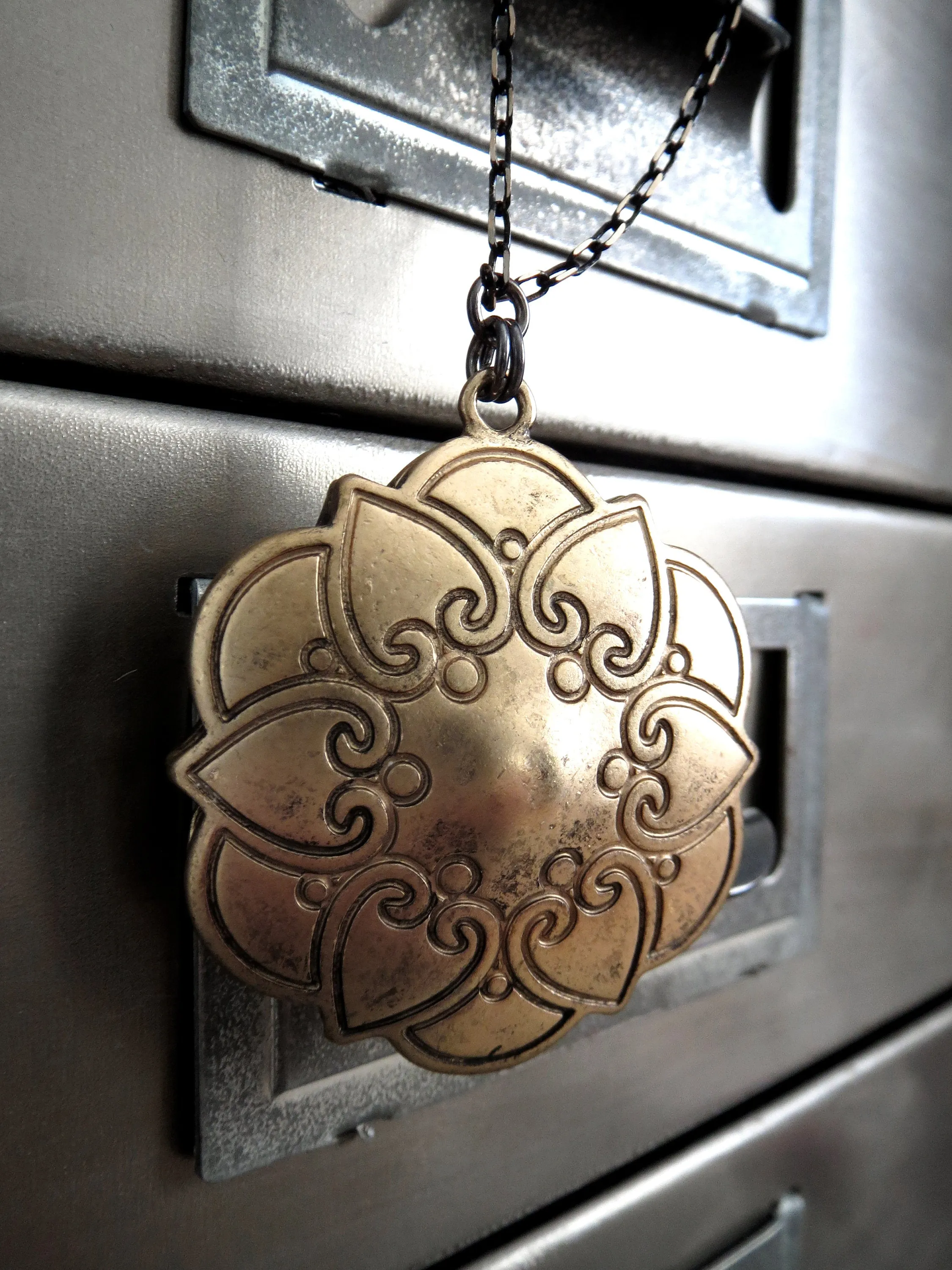 INNER LIGHT - Large Crystal Pendant with Antique Gold Mandala Cage