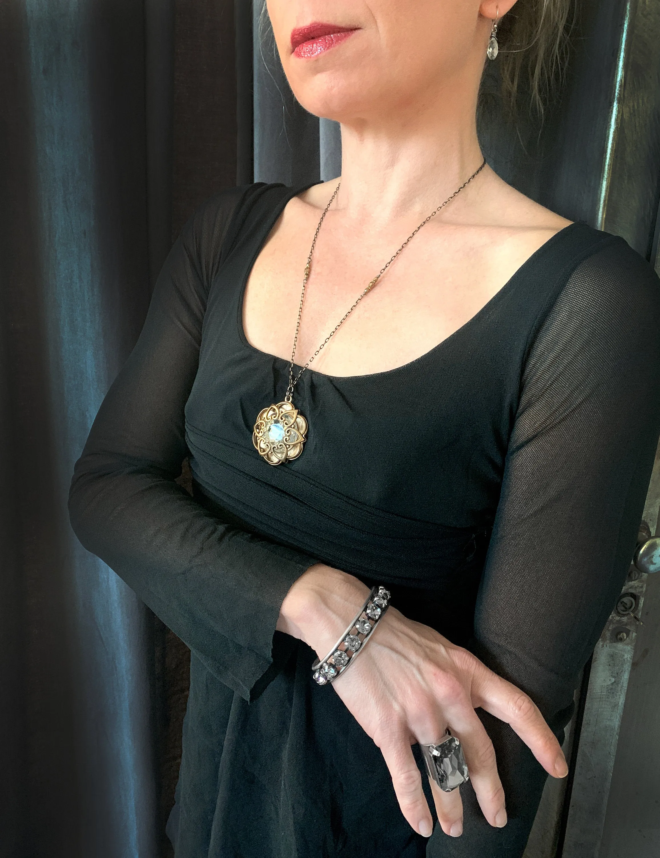 INNER LIGHT - Large Crystal Pendant with Antique Gold Mandala Cage
