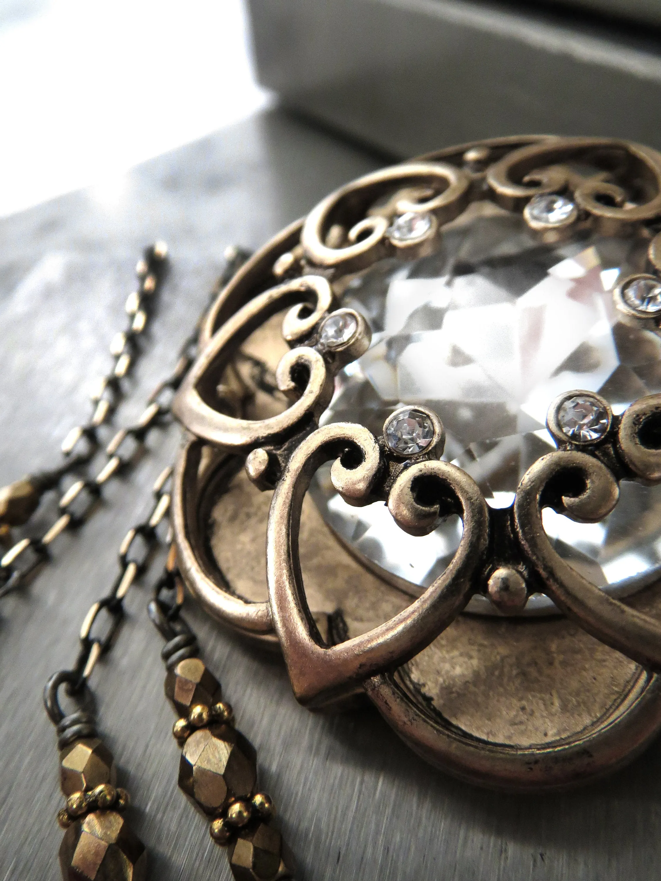 INNER LIGHT - Large Crystal Pendant with Antique Gold Mandala Cage