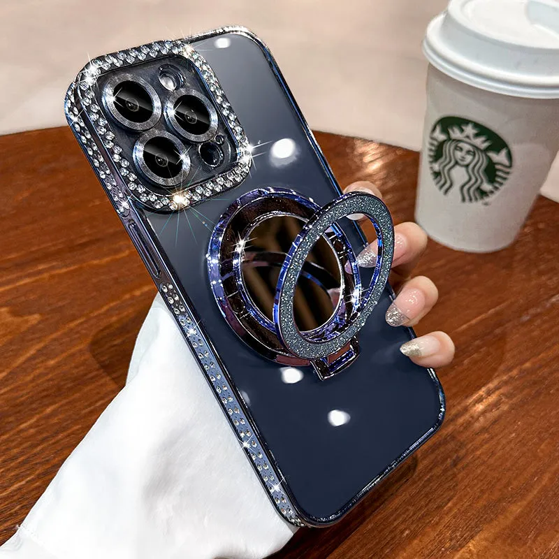 iPhone Case with Glitter Mirror and Rhinestone Border