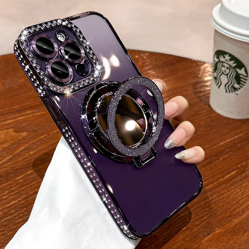 iPhone Case with Glitter Mirror and Rhinestone Border