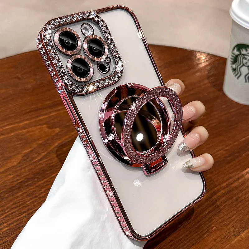 iPhone Case with Glitter Mirror and Rhinestone Border