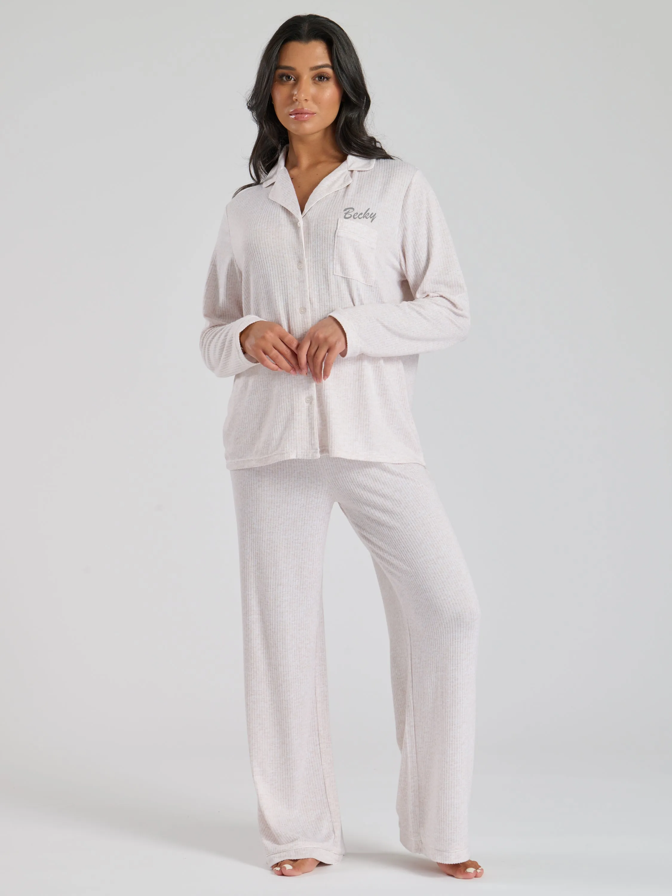 Ladies personalised brushed rib long personalised pyjama set Charcoal