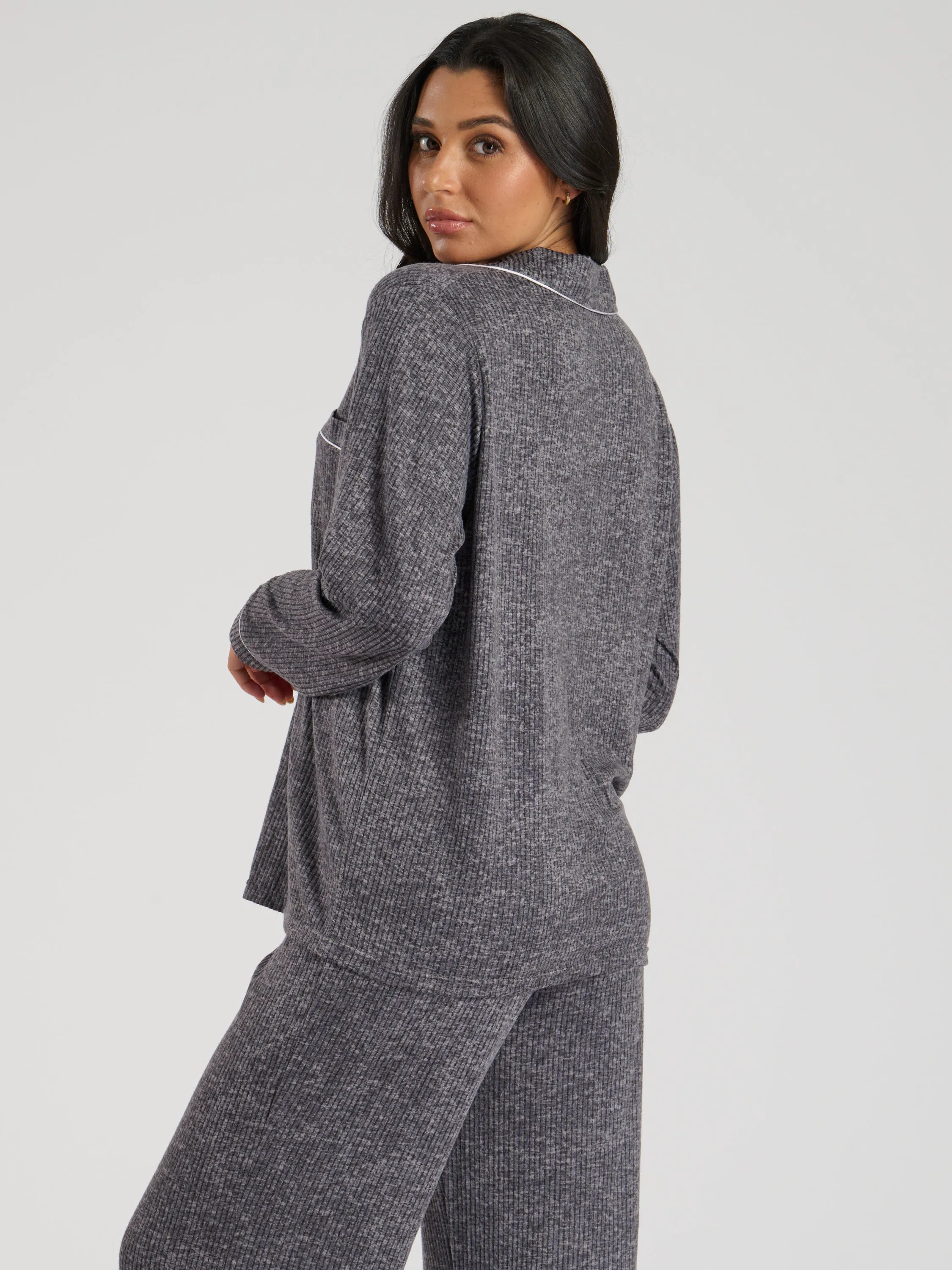 Ladies personalised brushed rib long personalised pyjama set Charcoal