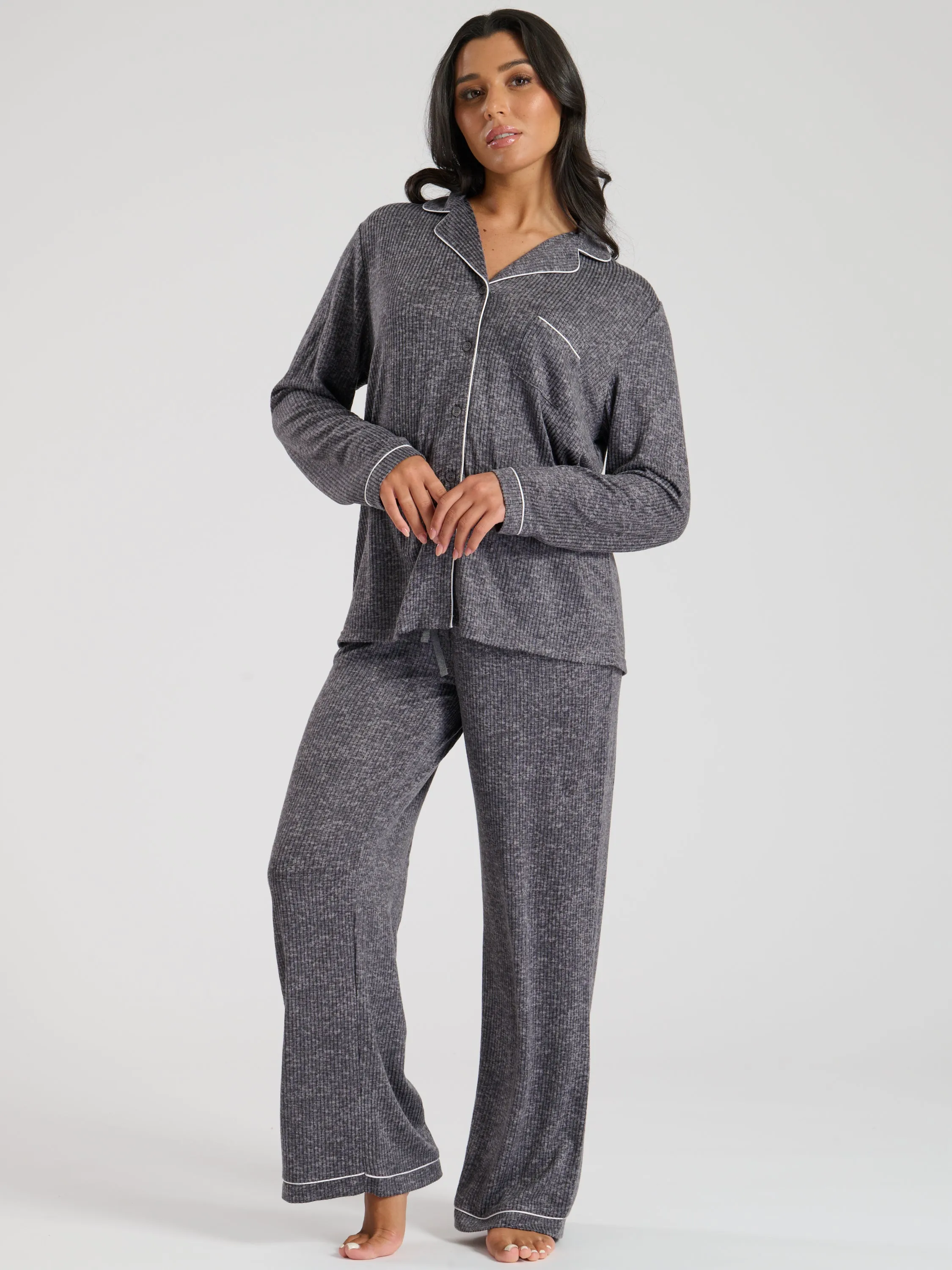 Ladies personalised brushed rib long personalised pyjama set Charcoal