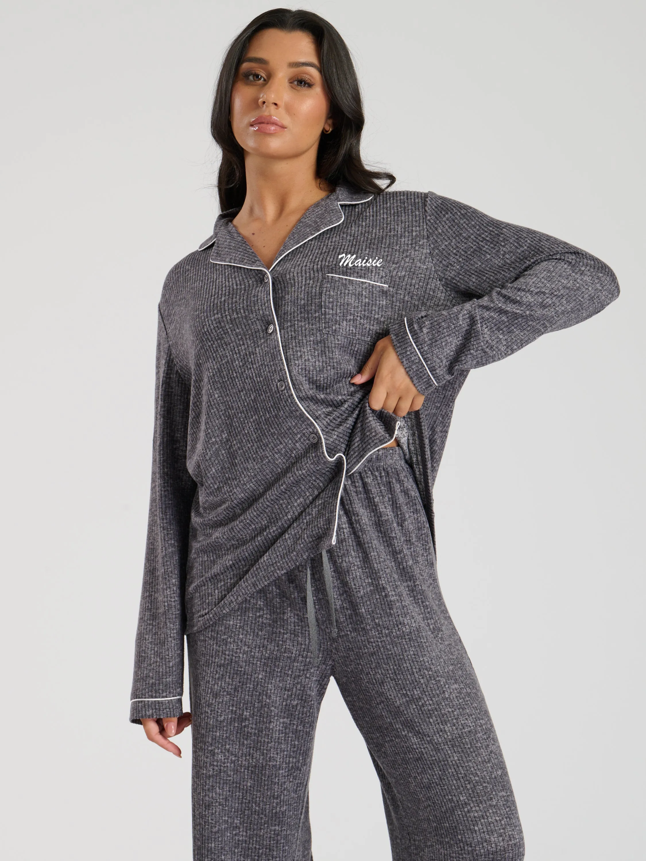 Ladies personalised brushed rib long personalised pyjama set Charcoal