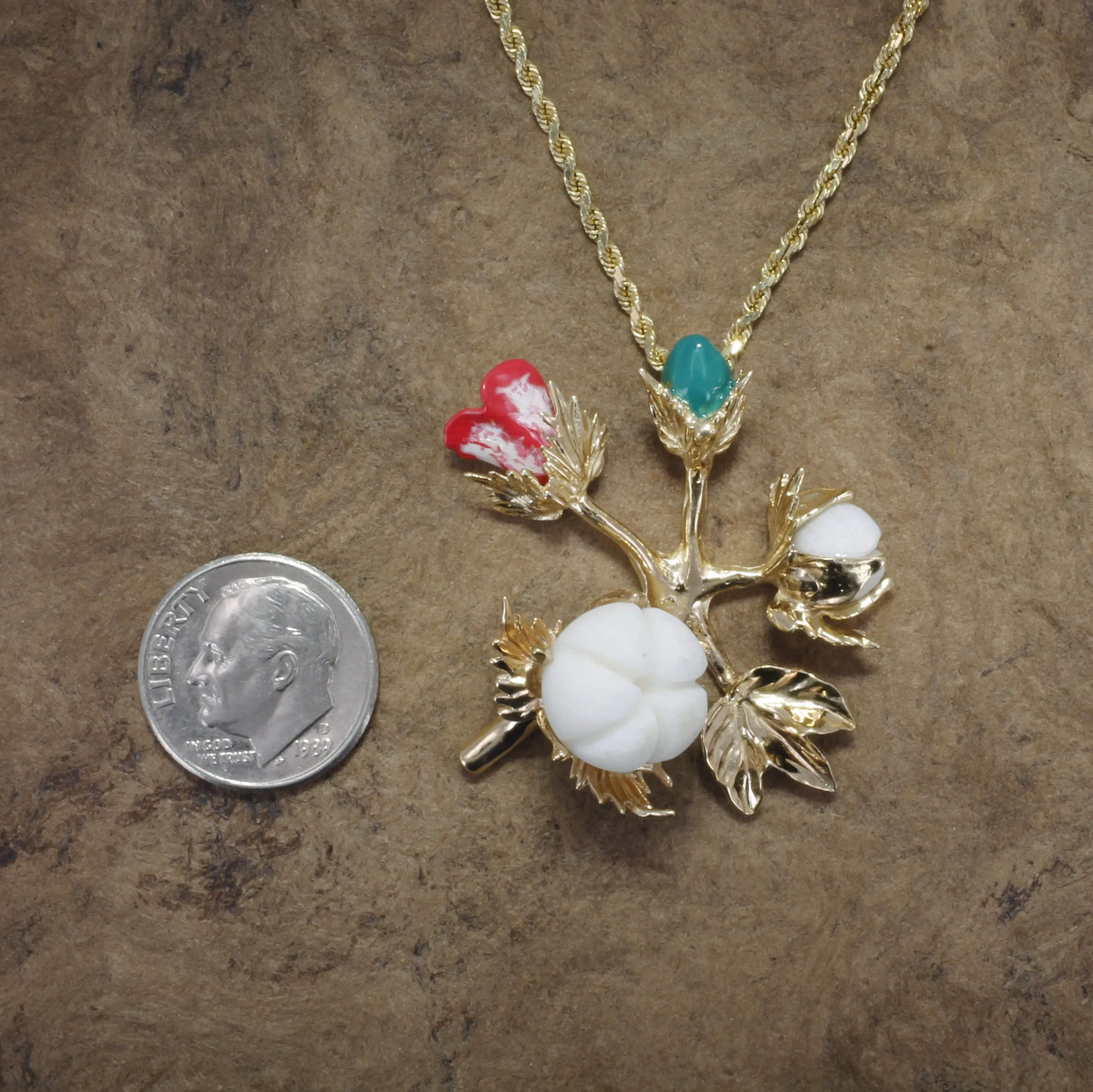 Large Handmade Cotton Boll Stages with Hand Enameled Cotton Blooms Necklace