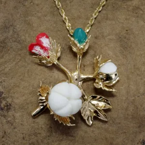 Large Handmade Cotton Boll Stages with Hand Enameled Cotton Blooms Necklace