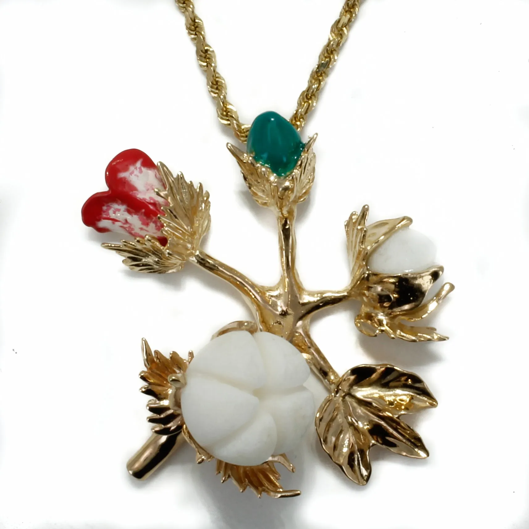 Large Handmade Cotton Boll Stages with Hand Enameled Cotton Blooms Necklace