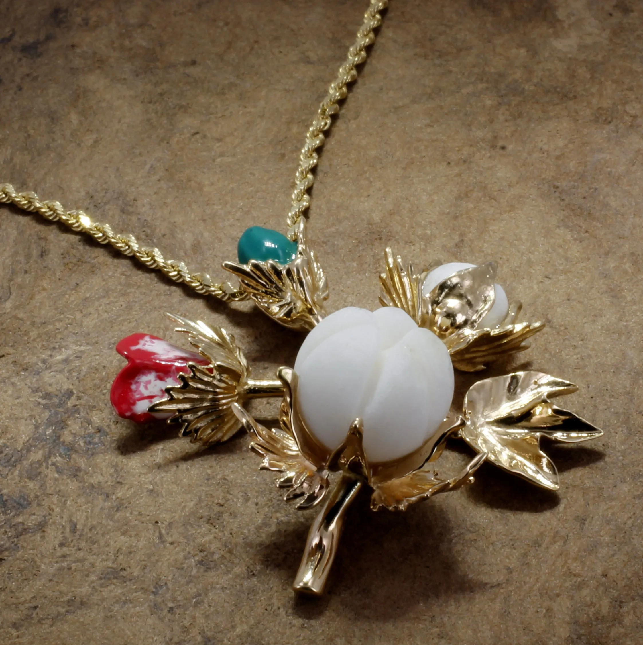 Large Handmade Cotton Boll Stages with Hand Enameled Cotton Blooms Necklace