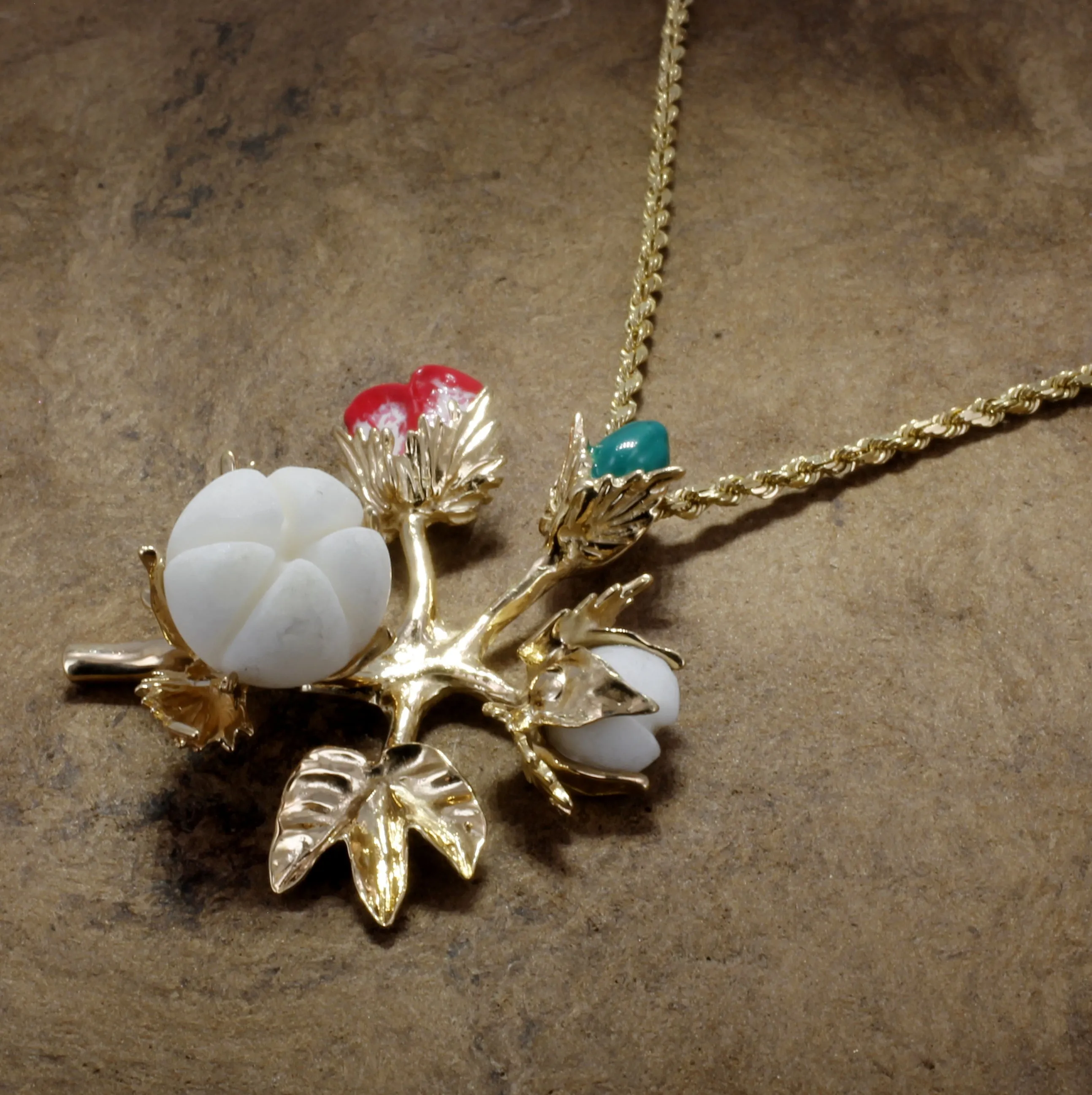 Large Handmade Cotton Boll Stages with Hand Enameled Cotton Blooms Necklace