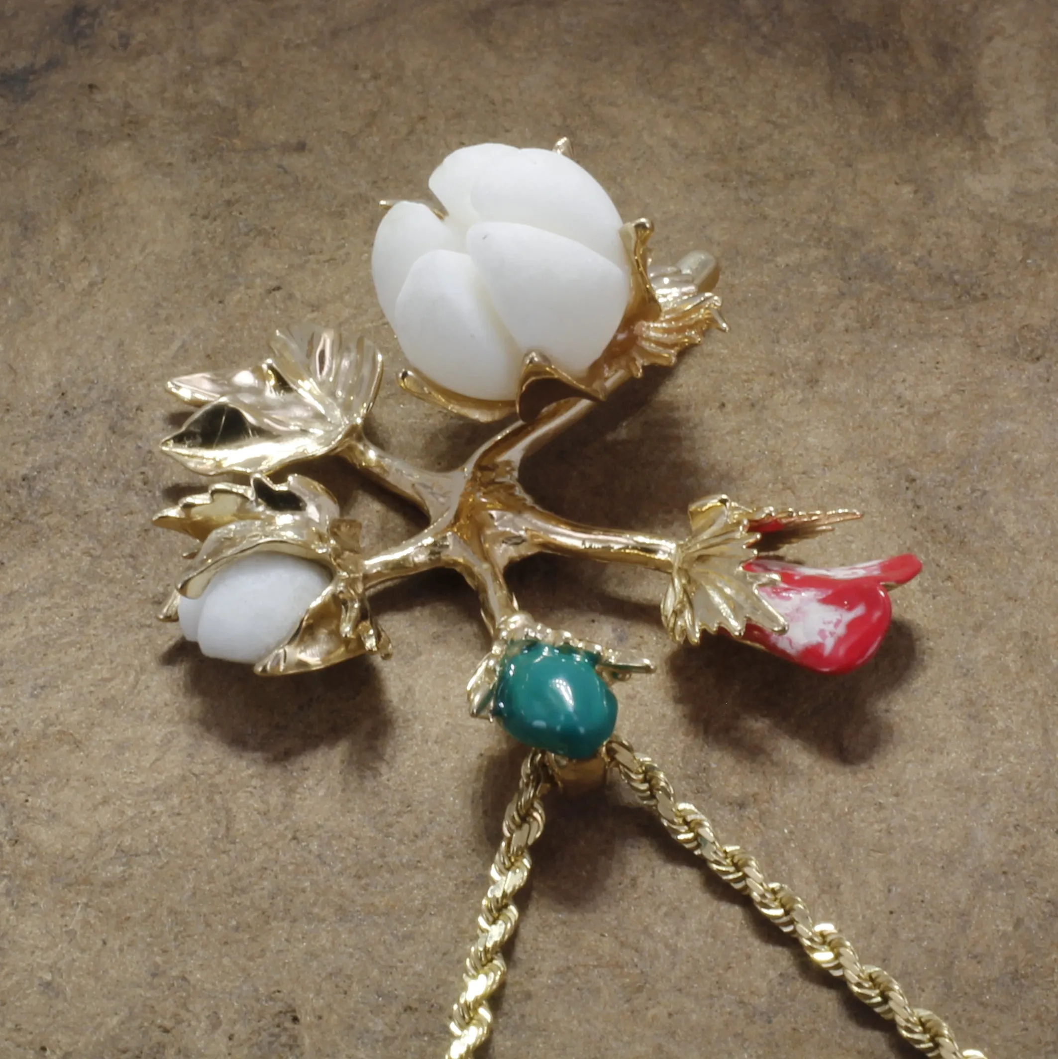 Large Handmade Cotton Boll Stages with Hand Enameled Cotton Blooms Necklace