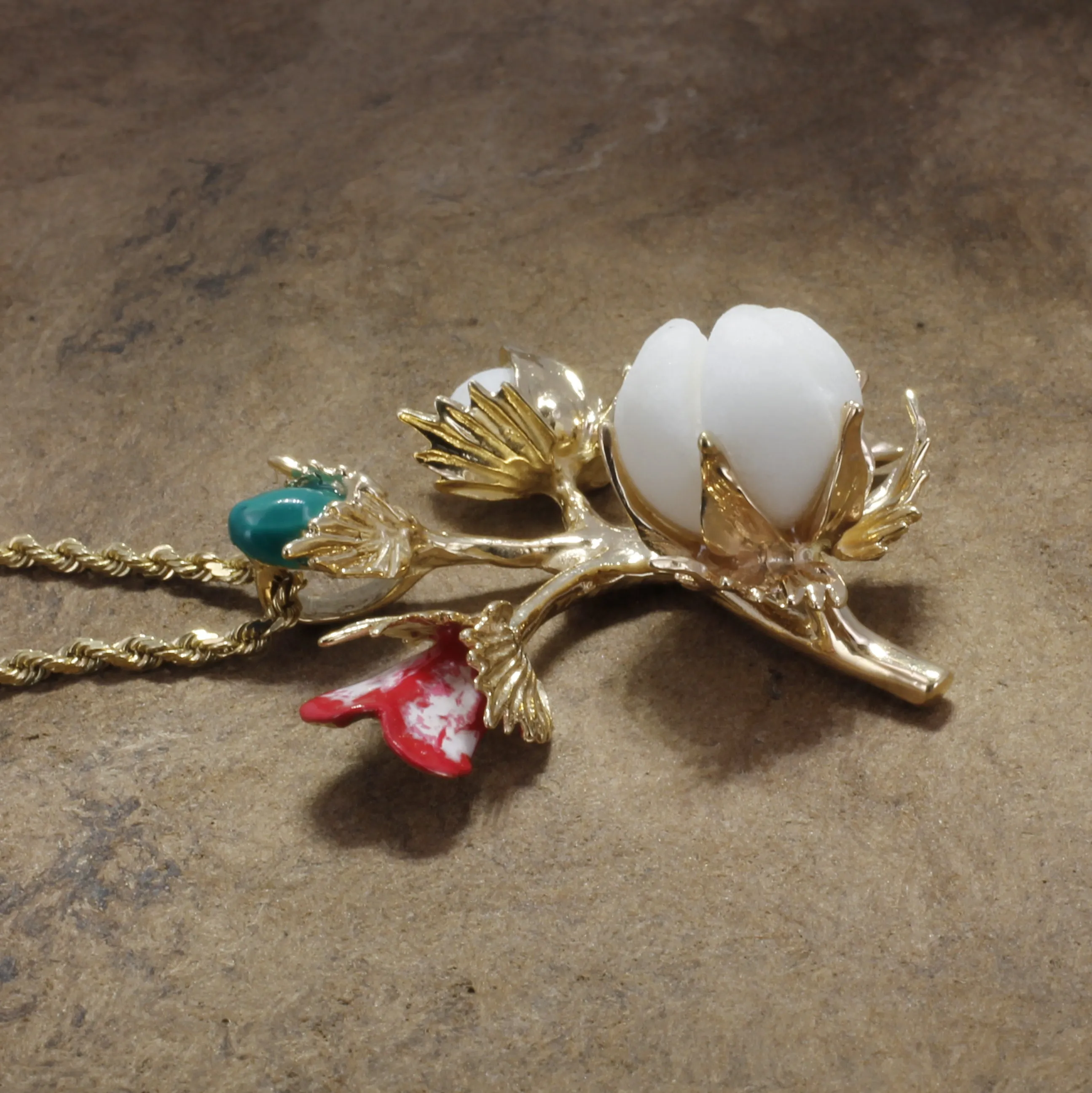 Large Handmade Cotton Boll Stages with Hand Enameled Cotton Blooms Necklace
