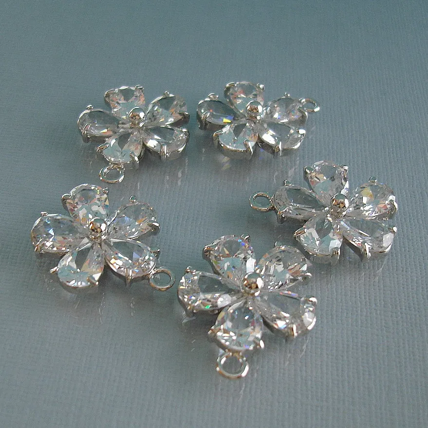 Large Sparkling Flower Rhodium Plated Clear Cubic Zirconia Pendant Charm