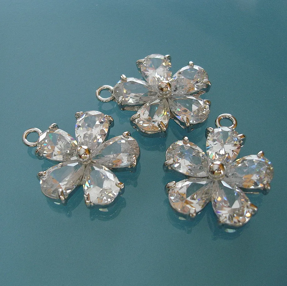 Large Sparkling Flower Rhodium Plated Clear Cubic Zirconia Pendant Charm