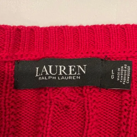 Lauren Ralph Lauren Button Trim Cable Knit Sweater LRL Embroidered Logo Large
