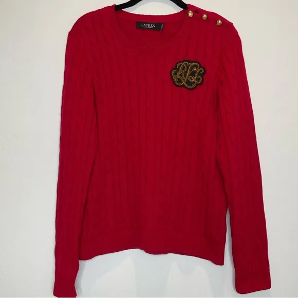 Lauren Ralph Lauren Button Trim Cable Knit Sweater LRL Embroidered Logo Large