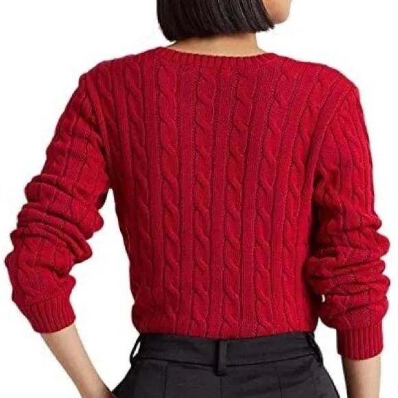 Lauren Ralph Lauren Button Trim Cable Knit Sweater LRL Embroidered Logo Large
