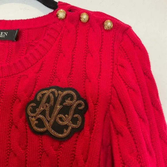 Lauren Ralph Lauren Button Trim Cable Knit Sweater LRL Embroidered Logo Large