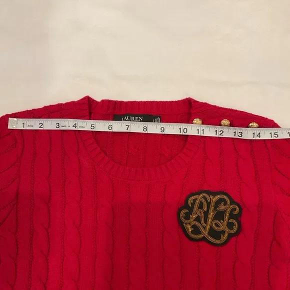 Lauren Ralph Lauren Button Trim Cable Knit Sweater LRL Embroidered Logo Large