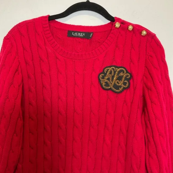 Lauren Ralph Lauren Button Trim Cable Knit Sweater LRL Embroidered Logo Large