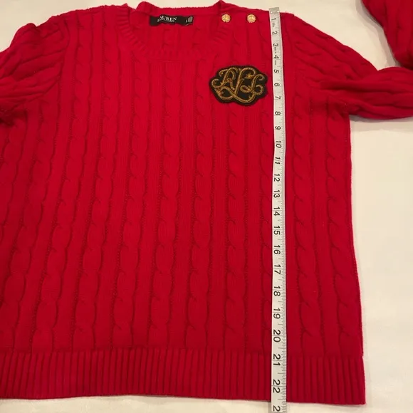 Lauren Ralph Lauren Button Trim Cable Knit Sweater LRL Embroidered Logo Large