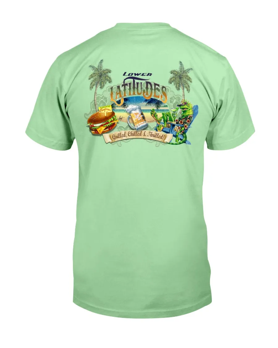 Lower Latitudes Grill Chill & Thrill Paradise Cheeseburger Beer T-shirt