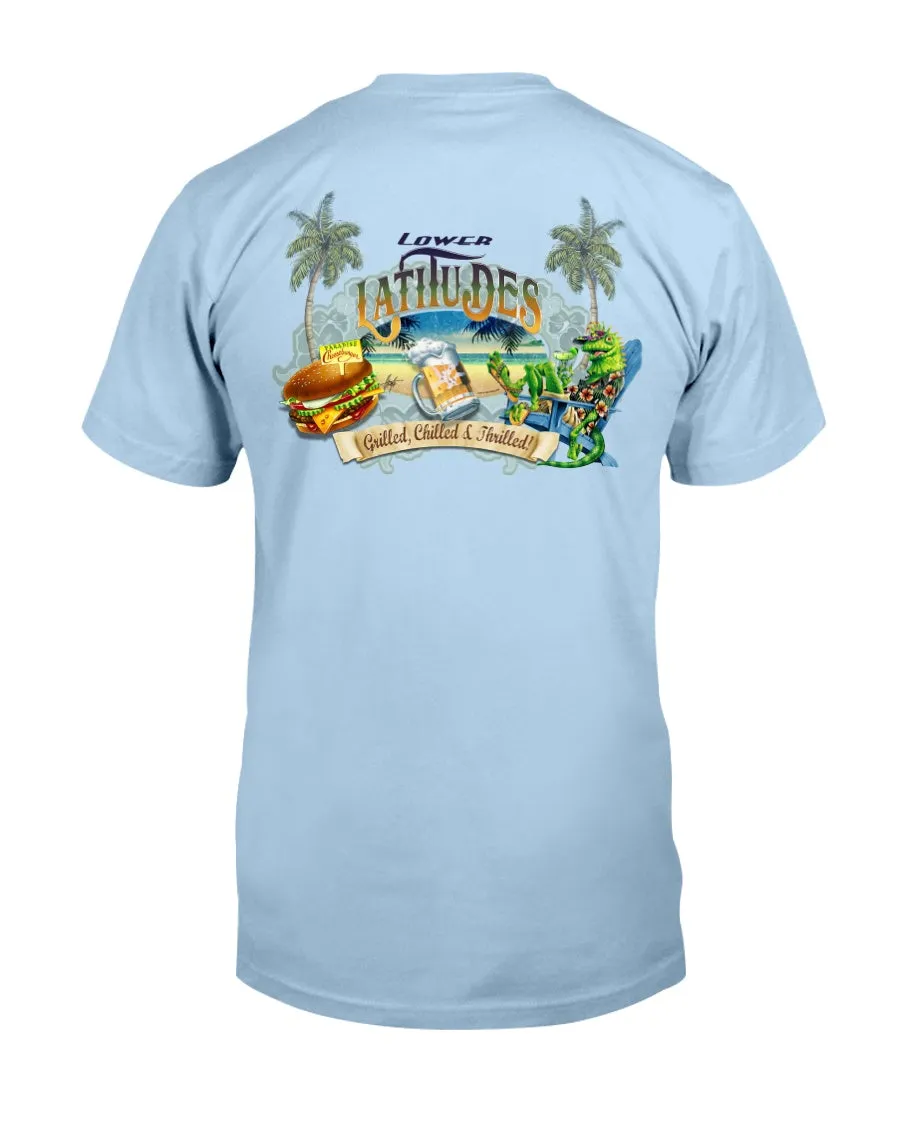 Lower Latitudes Grill Chill & Thrill Paradise Cheeseburger Beer T-shirt
