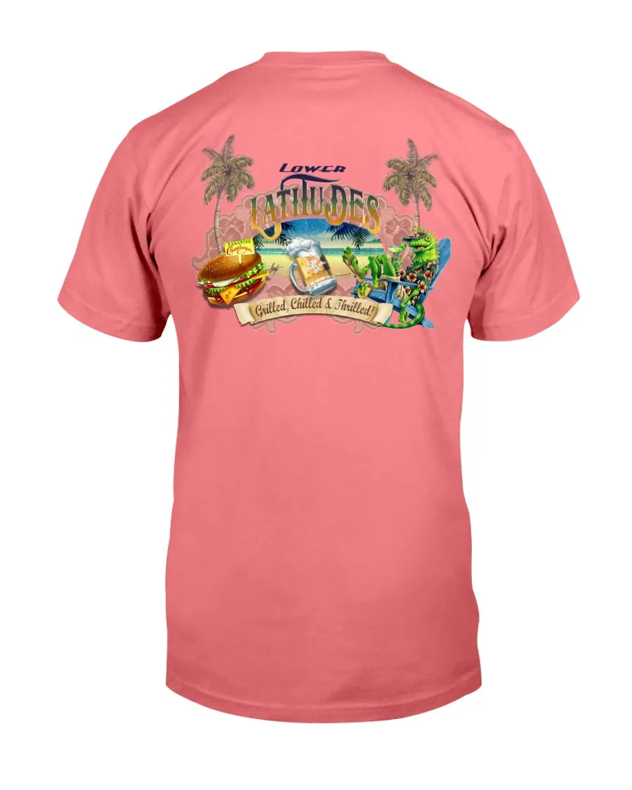 Lower Latitudes Grill Chill & Thrill Paradise Cheeseburger Beer T-shirt