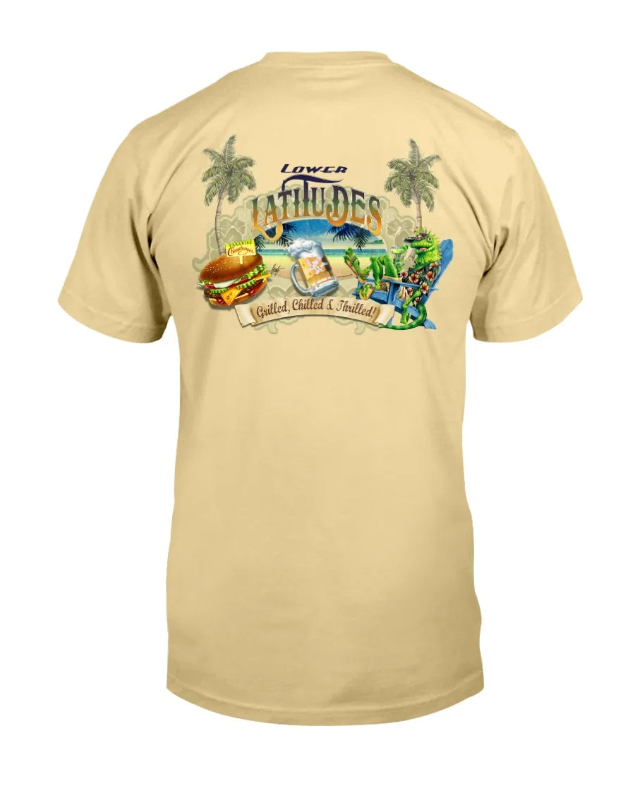 Lower Latitudes Grill Chill & Thrill Paradise Cheeseburger Beer T-shirt