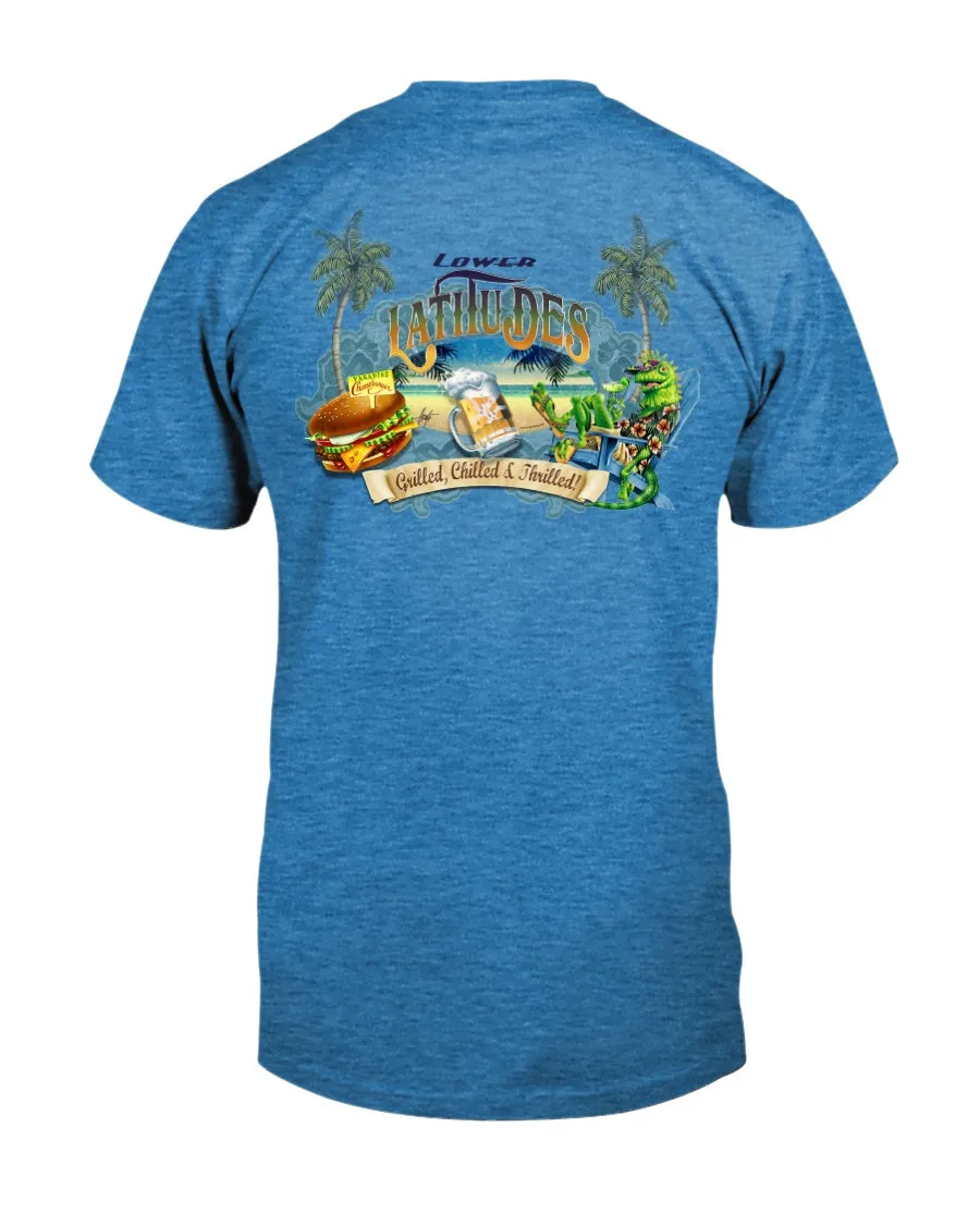 Lower Latitudes Grill Chill & Thrill Paradise Cheeseburger Beer T-shirt