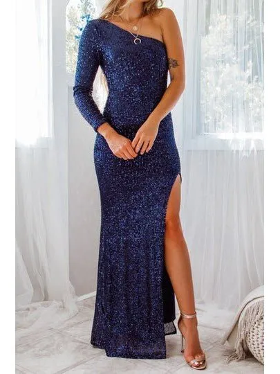 Megan sparkling one sleeved evening dress in navy 6-8 Express NZ wide