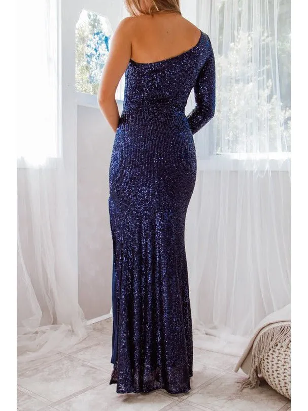 Megan sparkling one sleeved evening dress in navy 6-8 Express NZ wide
